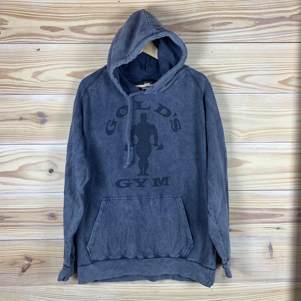 Golds Gym Hoodie Mens XL Blue Pullover Mineral Faded Wash Activewear Sweat